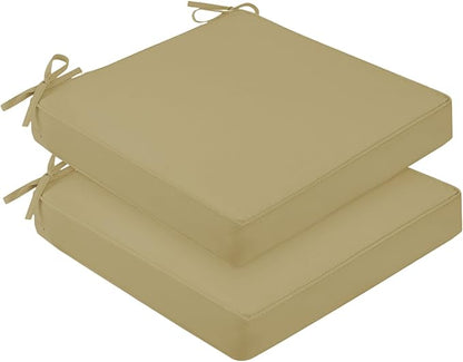 downluxe Waterproof Outdoor Chair Cushions for Patio Furniture, 22" x 22" x 3" Patio Chair Cushion with Adjustable Ties & Portable Handle, Square Outdoor Cushion with Removable Cover, Khaki, 2 Pack