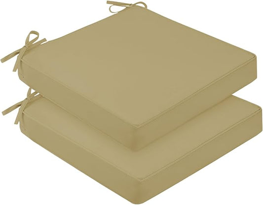 downluxe Waterproof Outdoor Chair Cushions for Patio Furniture, 22" x 22" x 3" Patio Chair Cushion with Adjustable Ties & Portable Handle, Square Outdoor Cushion with Removable Cover, Khaki, 2 Pack