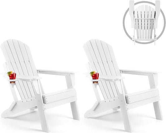 FUNBERRY Folding Adirondack Chair Set of 2, All Weather HDPE Fire Pit Chairs with Cup Holder for Outdoor