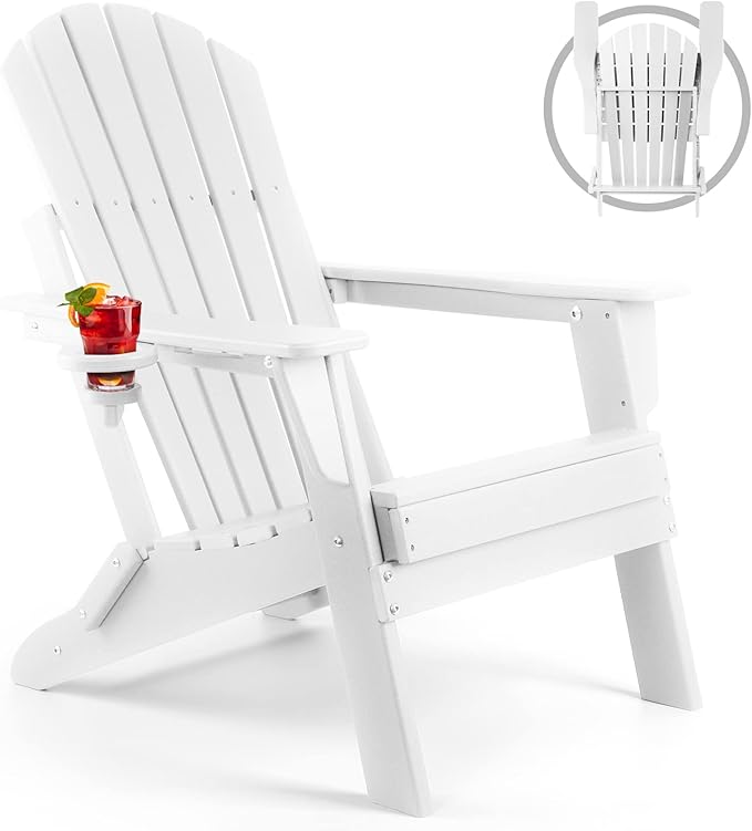 FUNBERRY Folding Adirondack Chair, All Weather HDPE Fire Pit Chairs with Cup Holder for Outdoor
