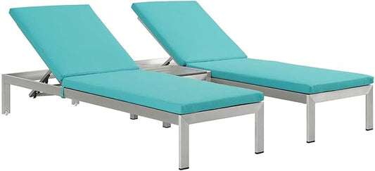 Modway Shore Aluminum Outdoor Patio Two Poolside Chaise Lounge Chairs with Cushions and Side End Table in Silver Turquoise