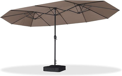 PURPLE LEAF 15ft Patio Market Umbrella with Base Double-Sided Rectangle Outdoor Table Sun Umbrellas with Crank 12 Heavy Duty Sturdy Ribs for Pool Beach Deck Backyard Taupe