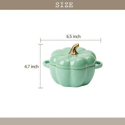 Pumpkin Bowl Set with Lid and Handle, Set of 2 Ceramic Ramekins for Baking, Casserole Dish Individual Severing Pot, Stoneware, Oven Safe, 14 Oz (Red and Green)