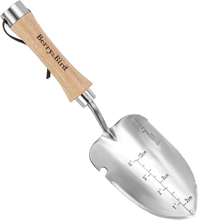 Berry&Bird Weeding Trowel, Multi- Use Hand Shovel with Serrated Blade Stainless Steel Garden Trowel Plus Size Potting Trowel with Wooden Handle for Transplanting, Digging, Measuring, Cutting Roots