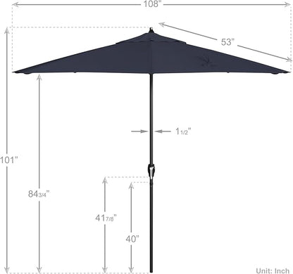 California Umbrella 9' Rd Aluminum Patio Umbrella, Crank Lift, Auto Tilt, Black Finish, Sunbrella Indigo
