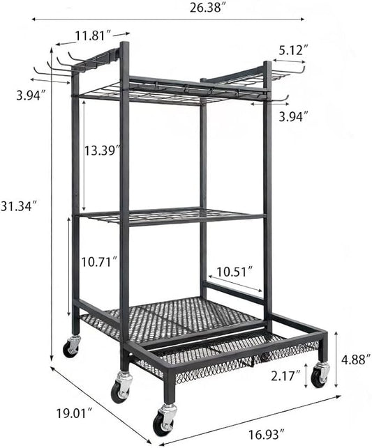 Garden Tool Organizer Rack with Wheels Up to 30-35 Tools, Heavy-Duty Steel Yard Tool Organizer for Garage Storage with 11 Hooks, Broom Holder & Garden Tool Rack for Shed, Patio, Lawn, Outdoor, Black