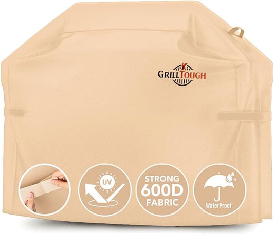 GrillTough Heavy Duty BBQ Grill Cover for Outdoor Grill, 60 Inch – Waterproof, Weather Resistant, UV & Fade Resistant with Adjustable Straps – Gas Grill Cover for Weber, Genesis, Charbroil, etc. Tan