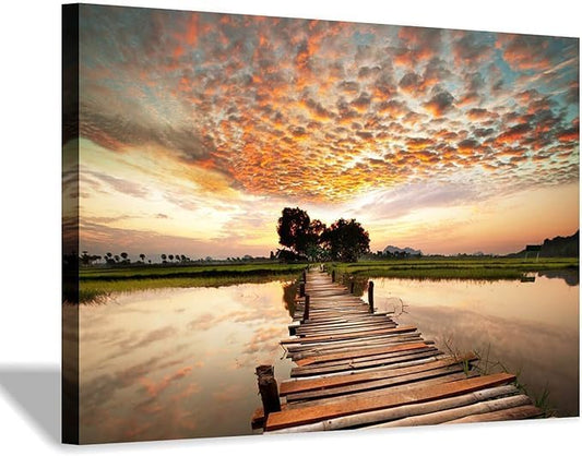 Landscape Artworks Pictures Wall Art: Stairway to Heaven’s Sunset Stunning Lake Bridge Print on Canvas for Living Room (18” x 24” x 1 Panel)