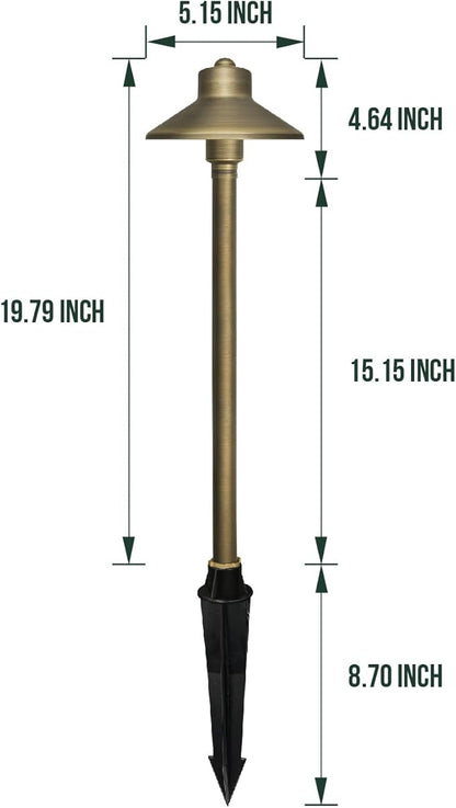 GKOLED Solid Brass Landscape Path Lights (5" Shade, 20" Tall), Low Voltage LED 3W 12-24V China Hat Path Lighting, Outdoor Waterproof Walkway Light, 2700K Warm White, with Stake and G4 Bulb, 2 Pack