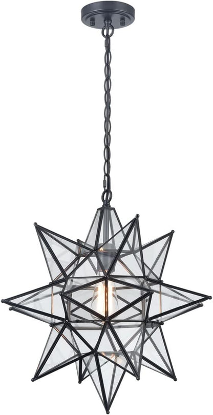 DIRYZON Boho Moravian Star Pendant Light 20 Inch Large Black Hanging Ceiling Light，Modern Clear Glass Pendant Lighting for Kitchen Island Porch Bedroom