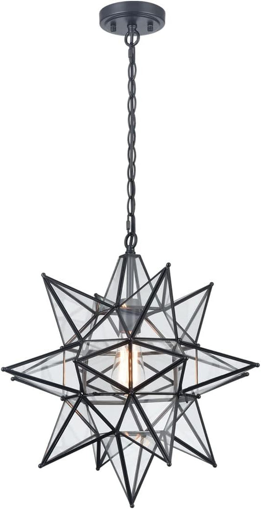 DIRYZON Boho Moravian Star Pendant Light 20 Inch Large Black Hanging Ceiling Light，Modern Clear Glass Pendant Lighting for Kitchen Island Porch Bedroom