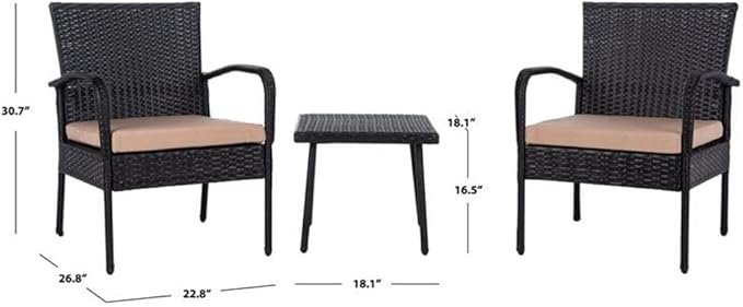 SAFAVIEH Outdoor Collection Moore Black Rattan/Beige Cushion 3-Piece Patio Lounge Bistro Set with Table (PAT9009A)
