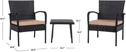 SAFAVIEH Outdoor Collection Moore Black Rattan/Beige Cushion 3-Piece Patio Lounge Bistro Set with Table (PAT9009A)
