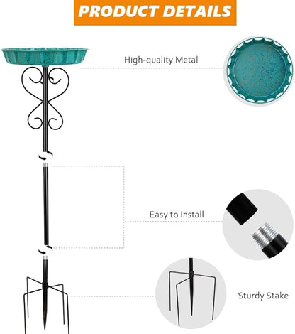 Metal Bird Bath for Outside,Cyan Bird Baths & Feeder with Hummingbird Pattern Metal Disc 5-Pronged Base Stakes for Outdoors,Birdbath for Garden,Patio,Lawn Decor