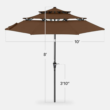 Best Choice Products 10ft 3-Tier Market Patio Umbrella, Outdoor Sun Shade with Tilt, Crank Lift, 8 Ribs for Backyard, Deck, Poolside – Brown