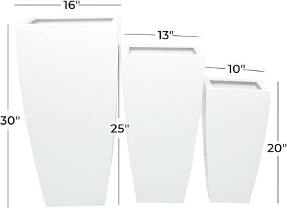 Deco 79 Metal Indoor Outdoor Planter Light Weight Large Planter Pot with Tapered Base and Fluted Design, Set of 3 Planters 30", 25", 20"H, White