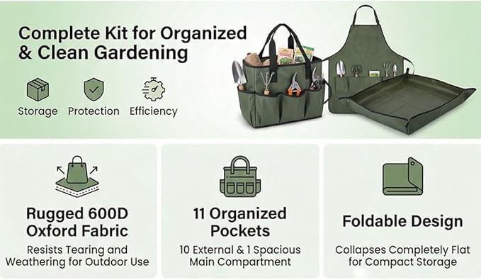 Diydeg Garden Tool Bag Organizer, Heavy Duty 600D Oxford Fabric with 10 Pockets and Apron Soil Replacement Mat, Foldable Standable Gardening Tote for Indoor Outdoor Use