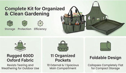 Diydeg Garden Tool Bag Organizer, Heavy Duty 600D Oxford Fabric with 10 Pockets and Apron Soil Replacement Mat, Foldable Standable Gardening Tote for Indoor Outdoor Use