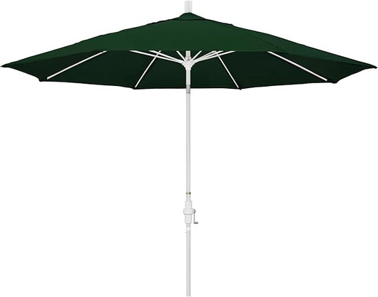 California Umbrella 11Ft Fiberglass Rib Patio Umbrella, Hand-Crank, Tilt-Collar, White Frame, Solution Dyed Hunter Green Fabric