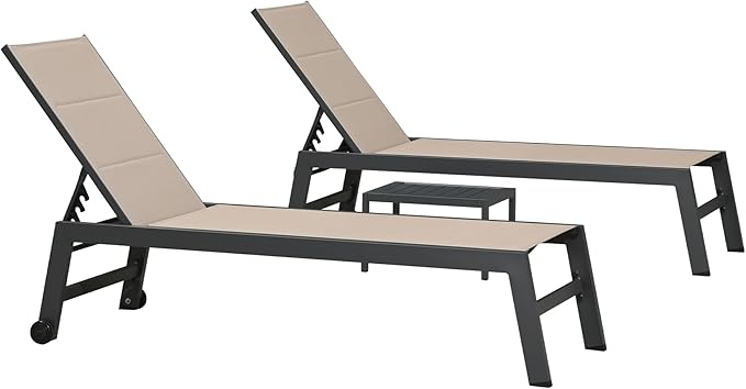 PURPLE LEAF Outdoor Chaise Lounge Set of 4 Aluminum Patio Lounge Chair with Wheels and Side Table Pool Chaise Lounge Chair for Outdoor Backyard Poolside Taupe (4 Lounges Chairs W/Table)