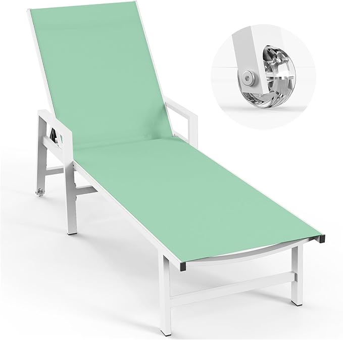Vexwalx Patio Chaise Lounge Chair Outdoor with Wheels&Armrests, Aluminum Pool Lounge Chairs 5-Position Adjustable Recliner, Outdoor Beach Lounge Chairs for Outside, Patio, Deck, Yard, Light Green