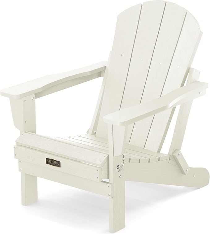 SERWALL Folding Adirondack Chair - HIPS Adirondack Chairs Outdoor Chairs Weather Resistant Fire Pit Chairs- White