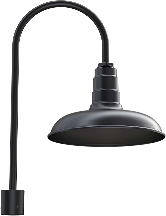 Steel Lighting Co. Topanga Barn Light | Outdoor Pole Top Mounted | 14" Dome | Upslope Gooseneck with Slip Fitter for 2-3/8" Standard Poles | Made in America | Matte Black Exterior/Matte Black Interior