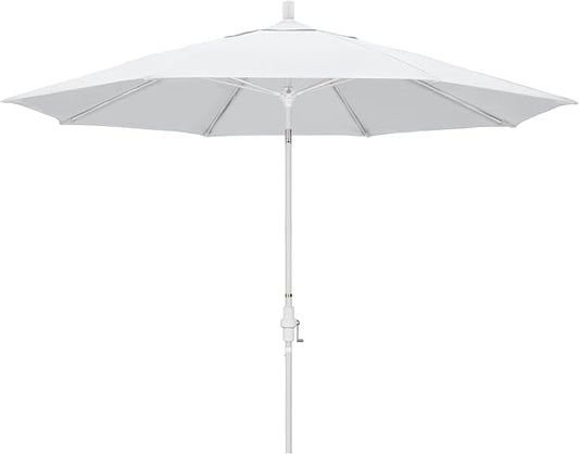 California Umbrella 11Ft Fiberglass Rib Patio Umbrella, Hand-Crank, Tilt-Collar, White Frame, Solution Dyed White Fabric