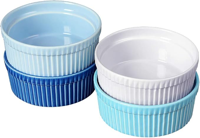 Cinf Ramekins 10 oz Pudding Dishes, Set of 4, Souffle & Creme Brulee Cups, Dipping Sauce, Oven, Microwave, Freezer & Dishwasher Safe