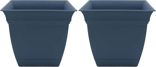 The HC Companies 8 Inch Eclipse Square Planter with Saucer - Indoor Outdoor Plant Pot for Flowers, Vegetables, and Herbs, Slate Blue (Pack of 2)