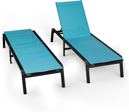 Aluminum Chaise Foldable Patio Lounge Chair Outdoor, Metal Deck Lounger Adjustable 5-Position Recliner Pool Chase Breathable Full Flat Outside Sun Tanning Chairs for Beach/Poolside/Lawn(Blue, 2 Pack)