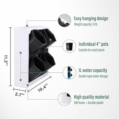 Self Watering Wall Planter with 4 Pots - Easy to Create Indoor Living Wall for Home, Office and Shop Front - Includes Water Gauge (White)