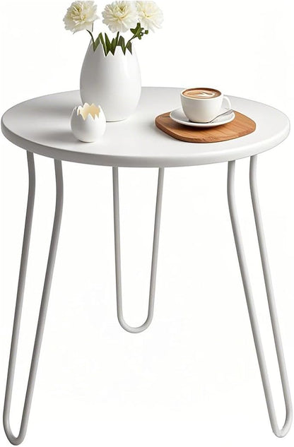 Small Patio Side Table, Weather Resistant Anti-Rust Outdoor Metal Patio Round End Table, Outdoor End Table for Garden, Porch, Balcony, Yard, (White)