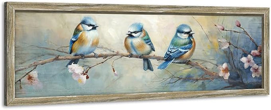 Rustic BlueBird Wooden Wall Art: Colorful Bird Framed Painting Vintage Sparrow Picture Cute Chickadee on Flower Branch Prints Countryside Artwork Decor for Living Room Bedroom Farmhouse