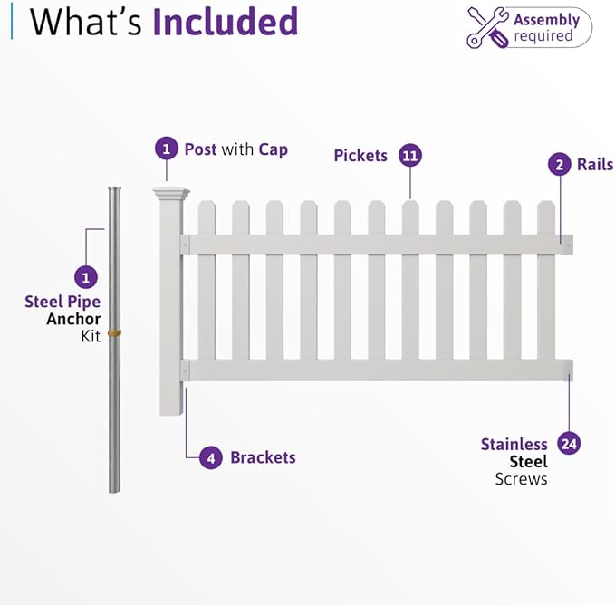 3ft H x 6ft W (1 Panel + 1 Post) No Dig WamBam Newport Fence Kit, White Vinyl Picket Fence, Easy Install Outdoor Barrier for Backyard or Patio, DIY Decorative Border, ZP19002