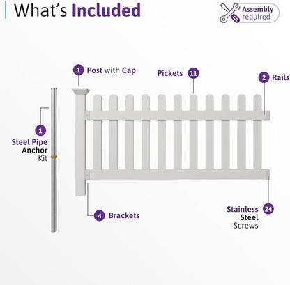 3ft H x 6ft W (1 Panel + 1 Post) No Dig WamBam Newport Fence Kit, White Vinyl Picket Fence, Easy Install Outdoor Barrier for Backyard or Patio, DIY Decorative Border, ZP19002