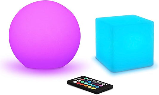 Mr.Go 6-inch LED Ball Light and 4-inch LED Cube Light Bundle, Remote Control, 16 RGB Colors 4 Modes, Dimmable, Rechargeable, Waterproof, Great as Night Light Mood Lamp Ambient Lighting Decorations