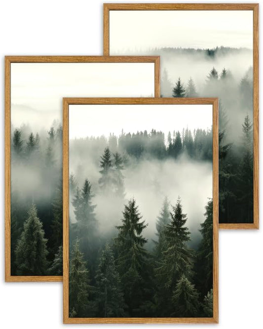 UPWOIGH Large Framed Canvas Wall Art, Set of 3 Foggy Forest Decor, 16x24 in Minimalist Natural Cotton Posters, Misty Forest Triptych, Green Botanical Modern Aesthetic for Living Room, Bedroom, Office