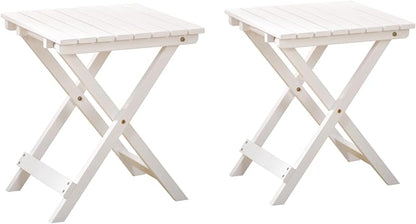 Outdoor Small Table Square Folding Wooden Patio Side Table Set of 2 Furniture Table for Adirondack Chair, Balcony, Porch, No Assembly Required, White