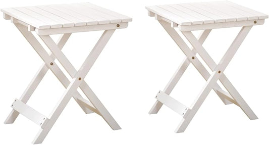 Outdoor Small Table Square Folding Wooden Patio Side Table Set of 2 Furniture Table for Adirondack Chair, Balcony, Porch, No Assembly Required, White