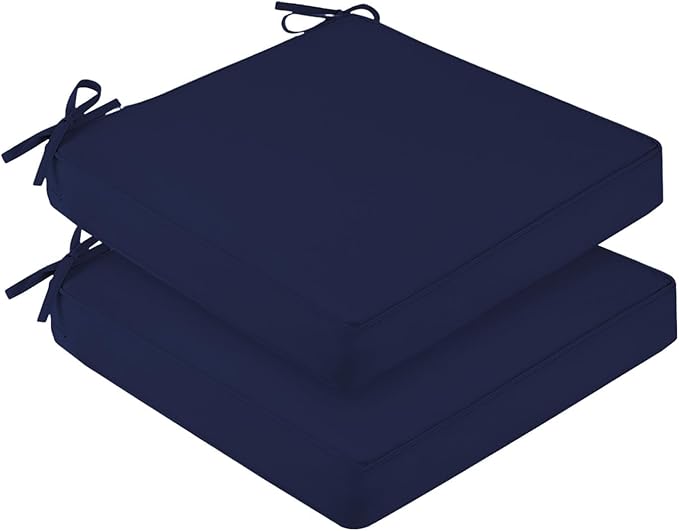 downluxe Waterproof Outdoor Chair Cushions for Patio Furniture, 22" x 22" x 3" Patio Chair Cushion with Adjustable Ties & Portable Handle, Square Outdoor Cushion with Removable Cover, Navy, 2 Pack