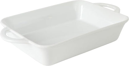 Gibson Home Gracious Dining 2.5-Quart White Stoneware Baking Dish with Handles – 14.6 x 8.5-Inch Rectangular Oven Safe Casserole & Roasting Baker