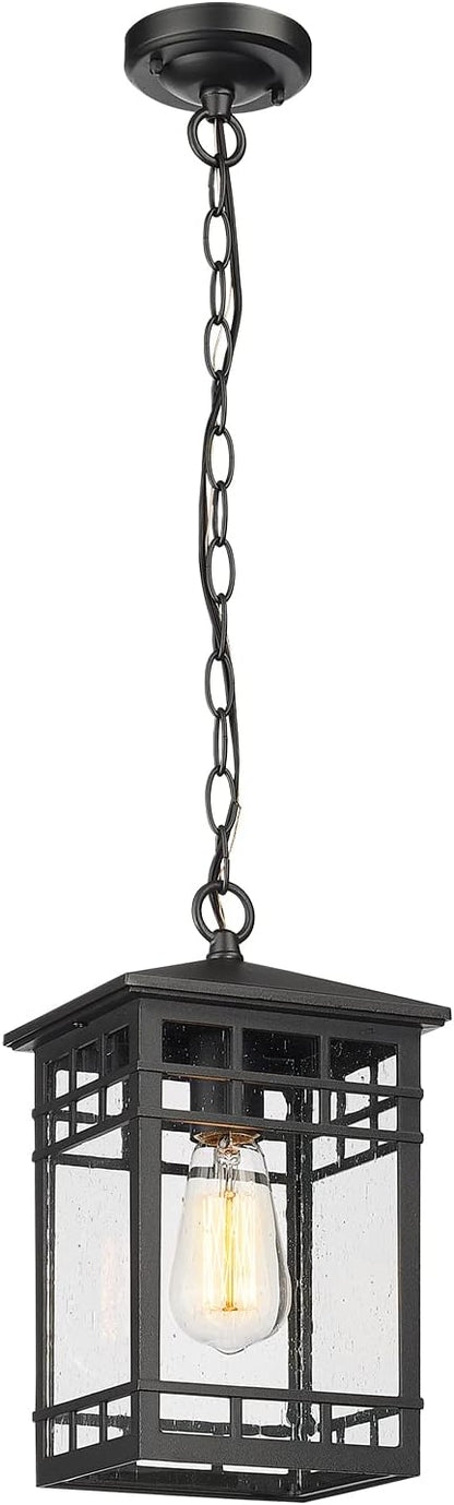 Treekee Outdoor Pendant Lighting, Hanging Lantern with Adjustable Chain, Exterior Hanging Porch Light in Black Finish with Seeded Glass, Outside Pendant Lamp for Front , Entry, Patio, Gazebo
