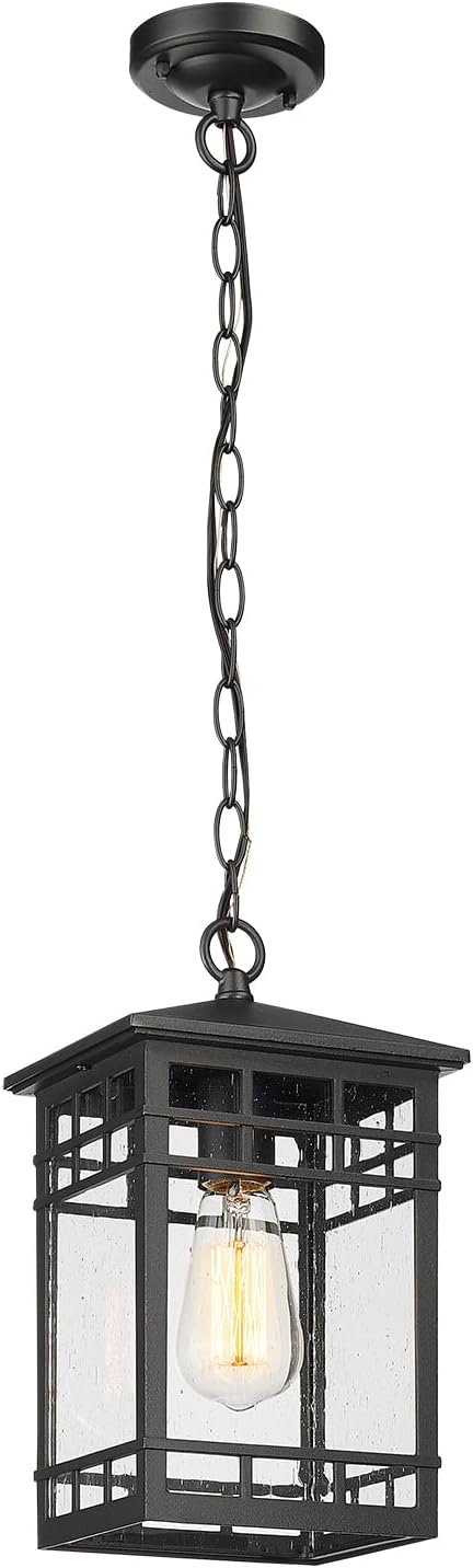 Treekee Outdoor Pendant Lighting, Hanging Lantern with Adjustable Chain, Exterior Hanging Porch Light in Black Finish with Seeded Glass, Outside Pendant Lamp for Front , Entry, Patio, Gazebo