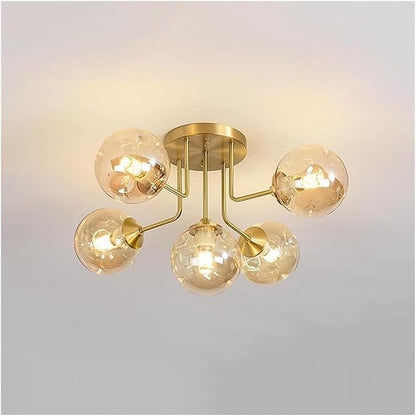 Antique Brass Globe Chandelier 5 Lights Sputnik Ceiling Light with Smoke Grey Amber Glass, Semi Flush Ceiling Fixture. Bubble Ball Kitchen Ceiling Lamp,Soft Light