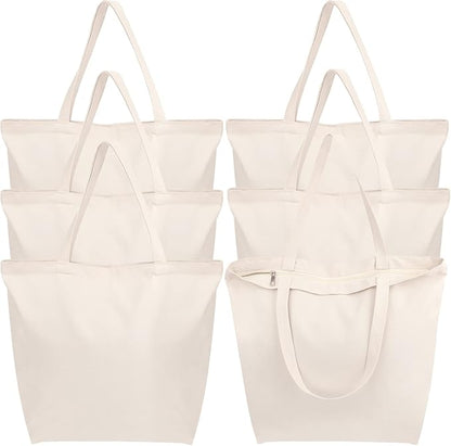 Segarty Canvas Bag with Zipper, 6 Pack 18x15in Blank Canvas Tote Bags for Women, Reusable Tote Bags Aesthetic with Natural Cotton Cloth, Shoulder Strap, Bulk for DIY Grocery Beach Travel Gift