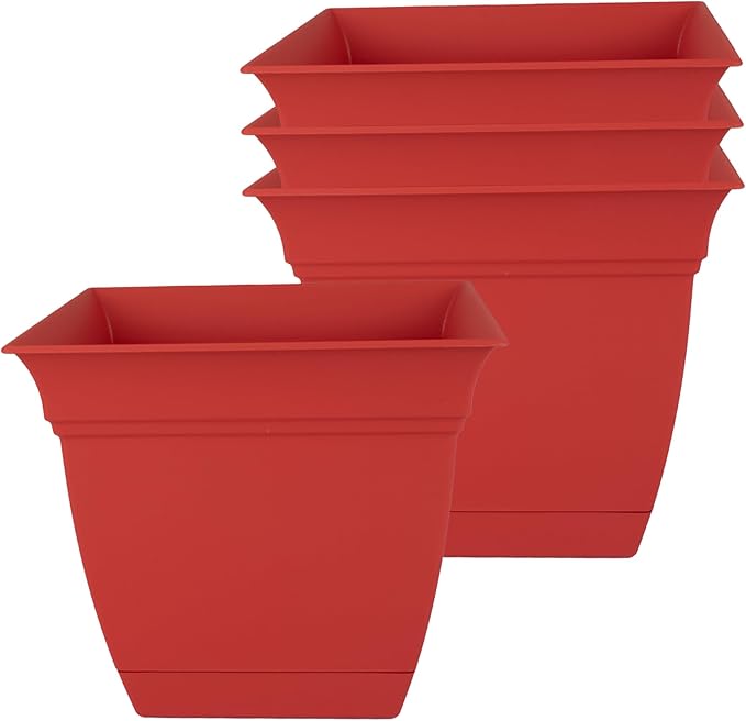 The HC Companies 8 Inch Eclipse Square Planter Pots with Drainage Holes & Attached Saucer, Lightweight UV-Resistant Plastic Indoor Outdoor Planters, 4-Pack Flower Pots for Garden & Home Decor, Red