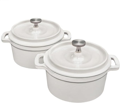 Flavehc Mini Cocotte 16 oz Mini Dutch Oven 0.5 qt. Cast Iron Garlic Roaster for Oven Garlic Confit Pot Ramekins with Lids Oven Safe Set of 2, White