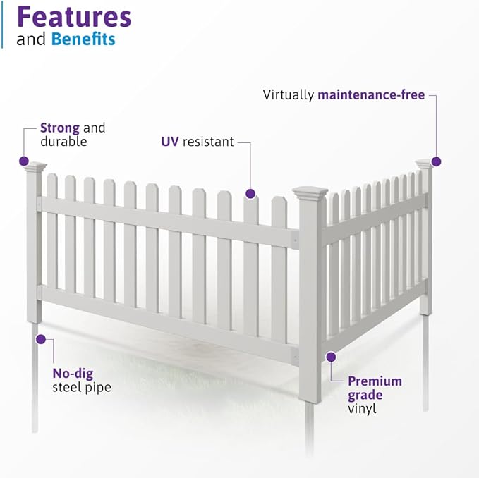3ft H x 6ft W (1 Panel + 1 Post) No Dig WamBam Newport Fence Kit, White Vinyl Picket Fence, Easy Install Outdoor Barrier for Backyard or Patio, DIY Decorative Border, ZP19002