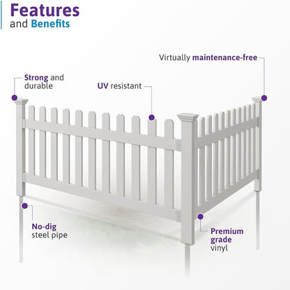3ft H x 6ft W (1 Panel + 1 Post) No Dig WamBam Newport Fence Kit, White Vinyl Picket Fence, Easy Install Outdoor Barrier for Backyard or Patio, DIY Decorative Border, ZP19002